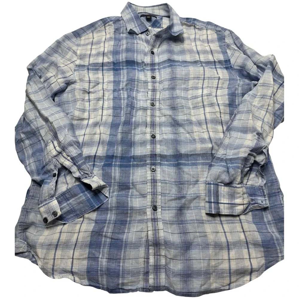 Banana Republic Mens Blue Plaid 100% Linen Long Sleeve Button Down Shirt Large